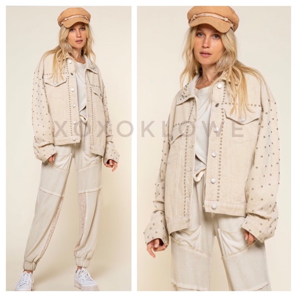 POL Oatmeal Beige Studded Corduroy Trucker Jacket Relaxed Fit - Picture 10 of 14